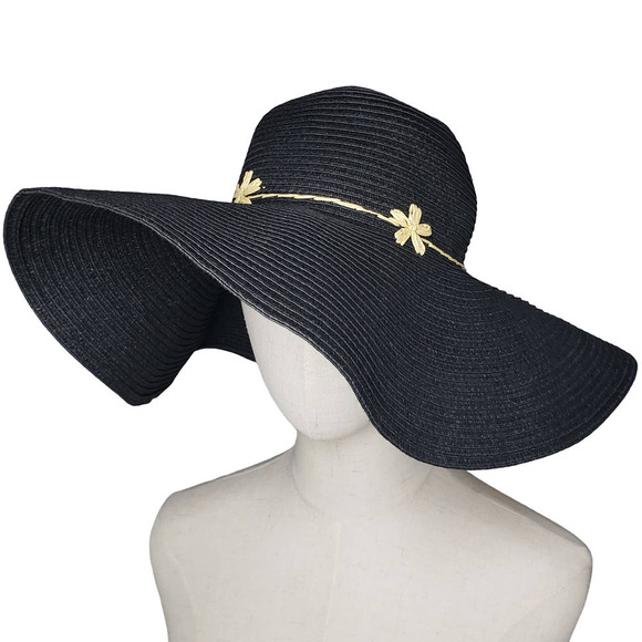 Black Floppy Hat Woven Raffia Flower Band OS #1 - Picture 1 of 7